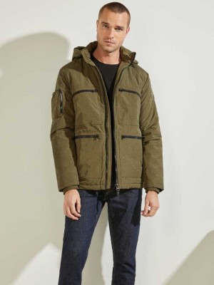 Men's Guess Ross Hooded Puffer Jackets Olive | 5621-ORASY