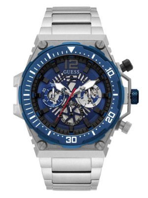 Men's Guess Silver-Tone Exposed Dial Multifunction Watches Multicolor | 6491-MNELB