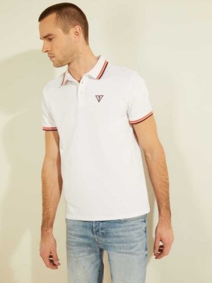Men's Guess Sports Pique Logo Polo Shirts White | 0689-FMTGV