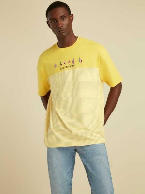 Men's Guess Striped Summer Games T-Shirts Yellow | 4326-ONFHX