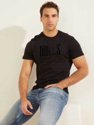 Men's Guess Velvet Applique T-Shirts Black | 0654-DUESP