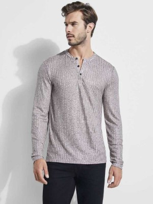 Men's Guess Warehouse Long-Sleeve Henley T-Shirts Pink Multicolor | 9634-ZTYGD