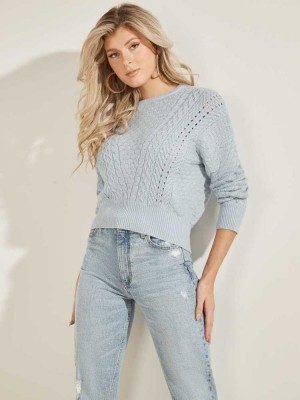 Women's Guess Braya Cable Knit Sweaters Blue | 9237-FGHAW