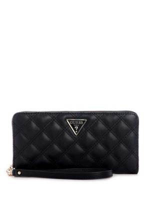 Women's Guess Cessily Quilted Large Zip-Around Wallets Black | 5968-EGWKX