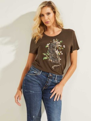 Women's Guess Cheetah Bloom Easy T-Shirts Coffee | 6543-PSZDB