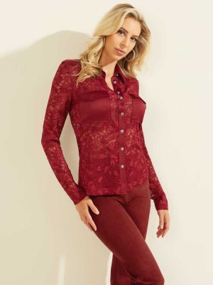 Women's Guess Corinne Lace Top Tops Red | 6059-KREQD