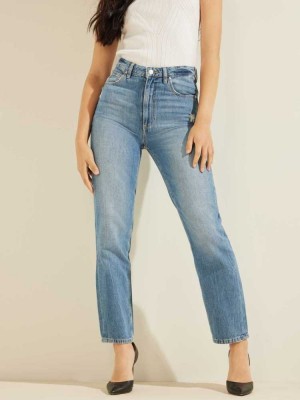 Women's Guess Distressed Mom Jeans Blue White | 7380-VCUQE