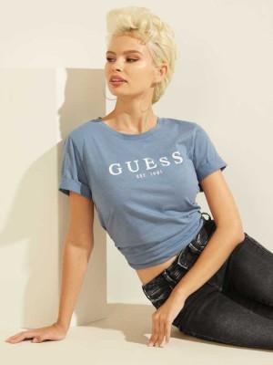 Women's Guess Eco 1981 Rolled Cuff Logo T-Shirts Blue | 0829-AUDQR
