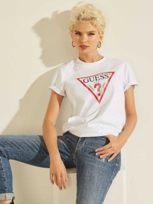 Women's Guess Eco Classic Logo T-Shirts White | 1093-EIMPN