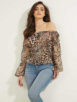 Women's Guess Eco Simi Off-the-Shoulder Top Tops Leopard | 5071-YHTWX