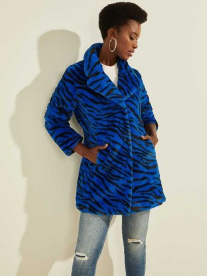 Women's Guess Federica Faux-Fur Coats Blue Black | 0354-FUHOM