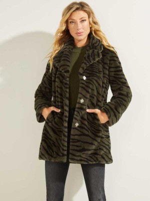 Women's Guess Federica Faux-Fur Coats Green Black | 9810-NFAQP
