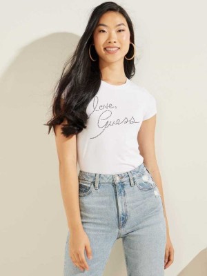Women's Guess Love Rhinestone T-Shirts White | 4986-HFSQR