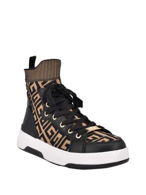 Women's Guess Manney Knit Logo High-Top Sneakers Black Brown | 1367-IRBSW
