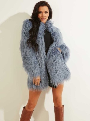 Women's Guess Maurizia Shaggy Faux-Fur Coats Blue | 9570-ABNJX