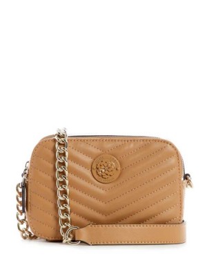 Women's Guess Noelle Quilted Camera Crossbodies Beige | 3610-KMPXT