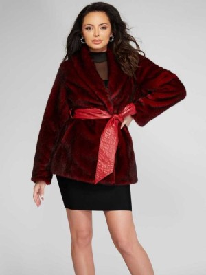 Women's Guess Olaia Faux-Fur Coats Red Multicolor | 0415-UPHIM