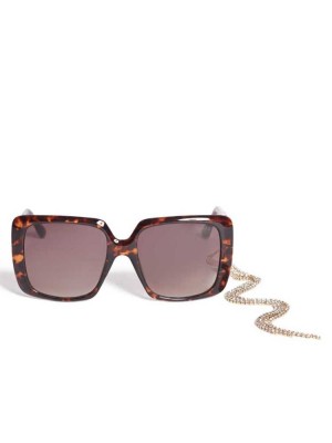 Women's Guess Rhinestone Chain Square Sunglasses Brown | 7258-OGXDC