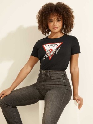 Women's Guess Rhinestone Icon T-Shirts Black | 5014-YLRDS
