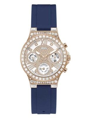 Women's Guess Rose Gold-Tone and Blue Silicone Multifunction Watches Multicolor | 1284-QDITC