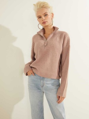 Women's Guess Shanely Quarter-Zip Sweaters Light Coffee | 6195-BDGLZ