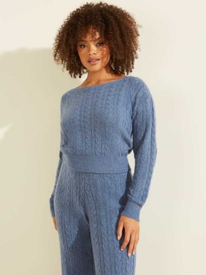 Women's Guess Tanya Cable Knit Sweaters Blue | 8530-QVNWL