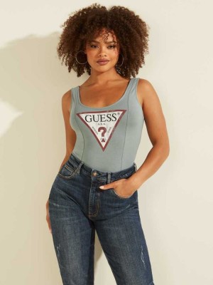 Women's Guess Triangle Logo Bodysuit Turquoise | 3172-GHTEJ
