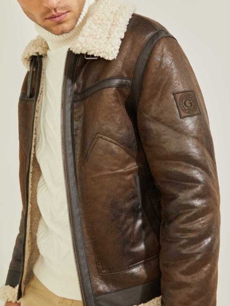 Men's Guess Aviator Shearling Jackets Chocolate Brown | 9672-ZCEHI