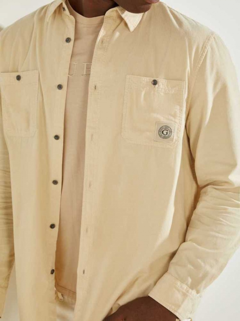 Men's Guess Collins Corduroy Shirts Khaki White | 1084-EQSRL