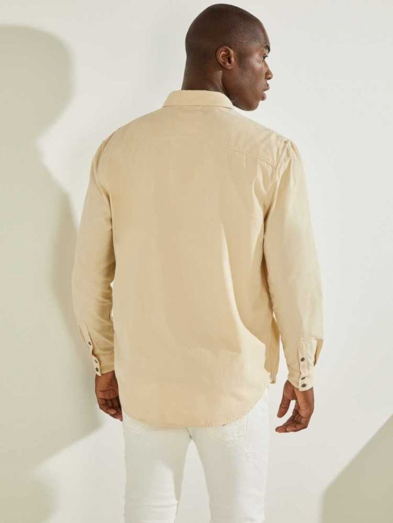 Men's Guess Collins Corduroy Shirts Khaki White | 1084-EQSRL