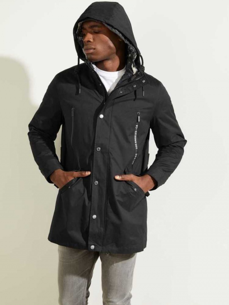 Men's Guess Commuter Double Parka Jackets Black | 5164-MWZGI