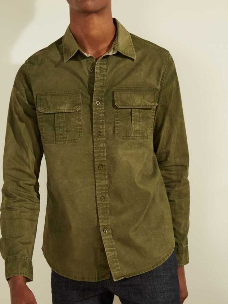 Men's Guess Dusty Twill Washed Milton Shirts Deep Green Multicolor | 7835-NCUZT
