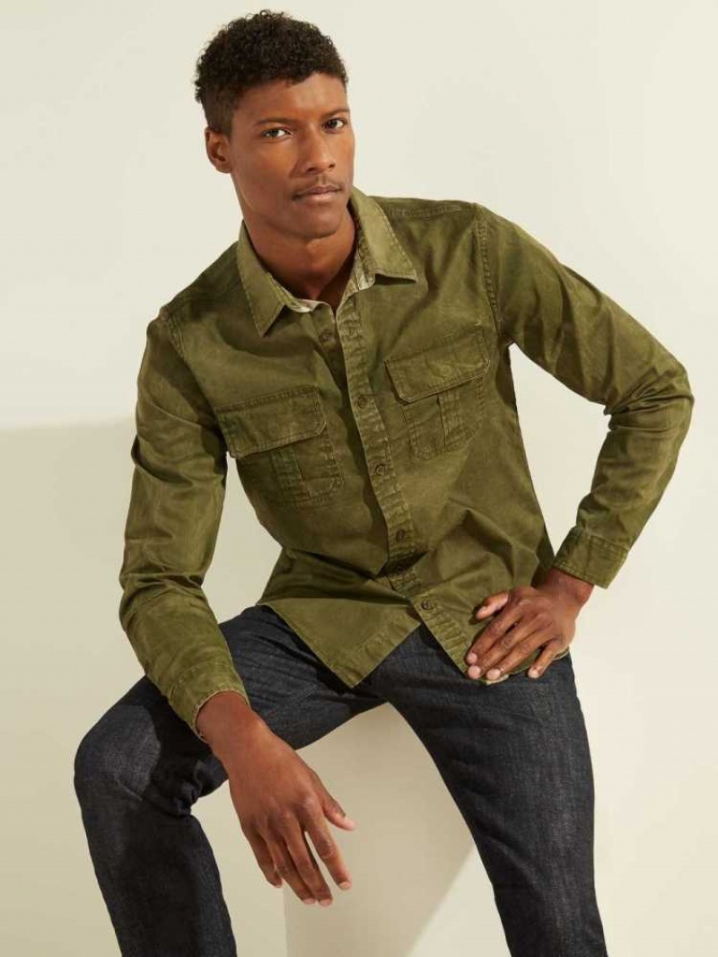 Men\'s Guess Dusty Twill Washed Milton Shirts Deep Green Multicolor | 7835-NCUZT