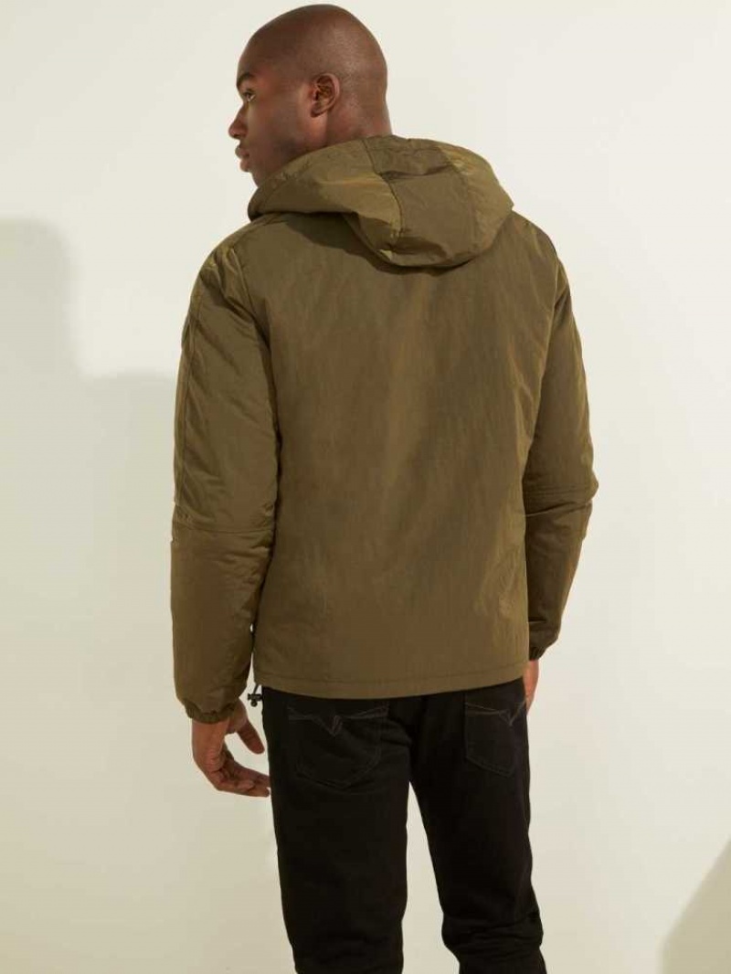 Men's Guess Eco Hooded Windbreaker Olive | 6512-LQGAN