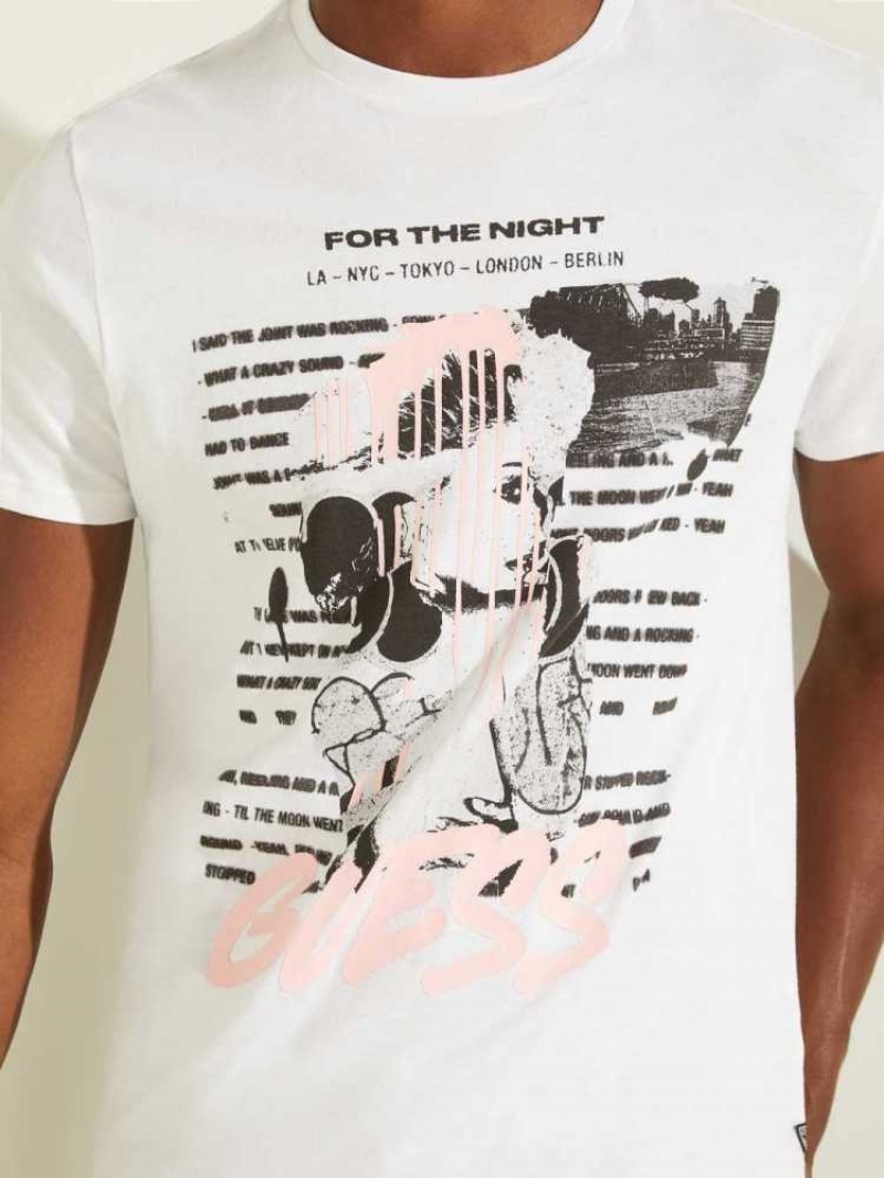 Men's Guess Eco Night Graffiti T-Shirts White | 9784-ENAOK