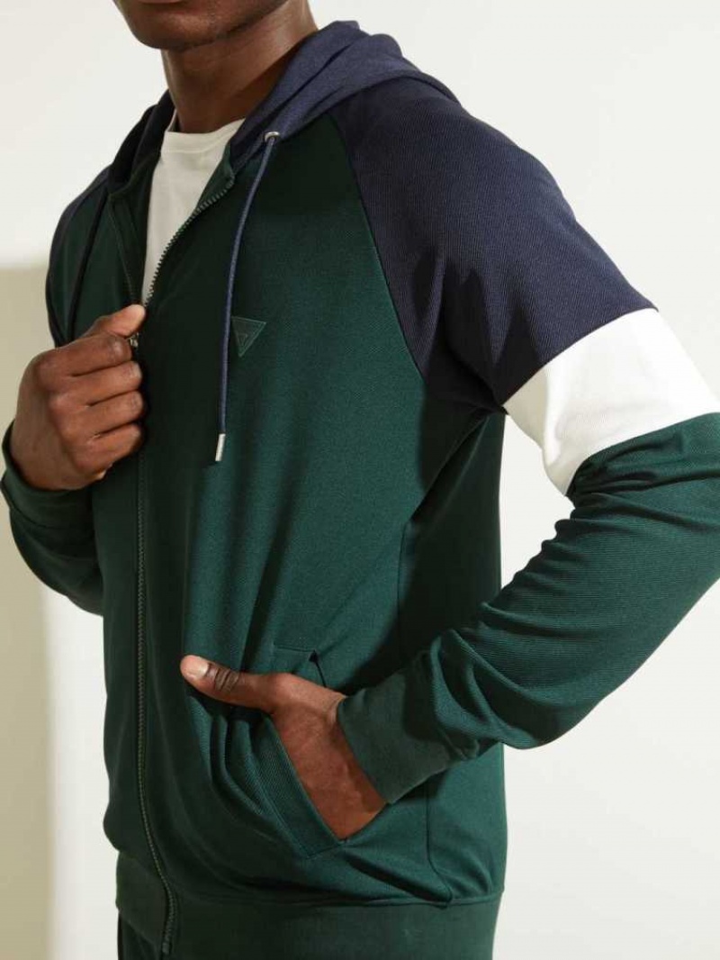 Men's Guess Eco Phil Color-Block Zip-Up Hoodies Deep Green | 3570-HDLWV