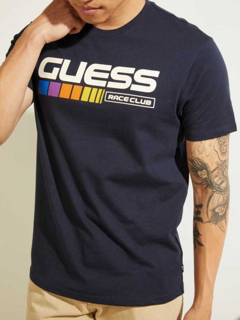 Men's Guess Eco Race Club T-Shirts Dark Blue | 8514-YSBXO