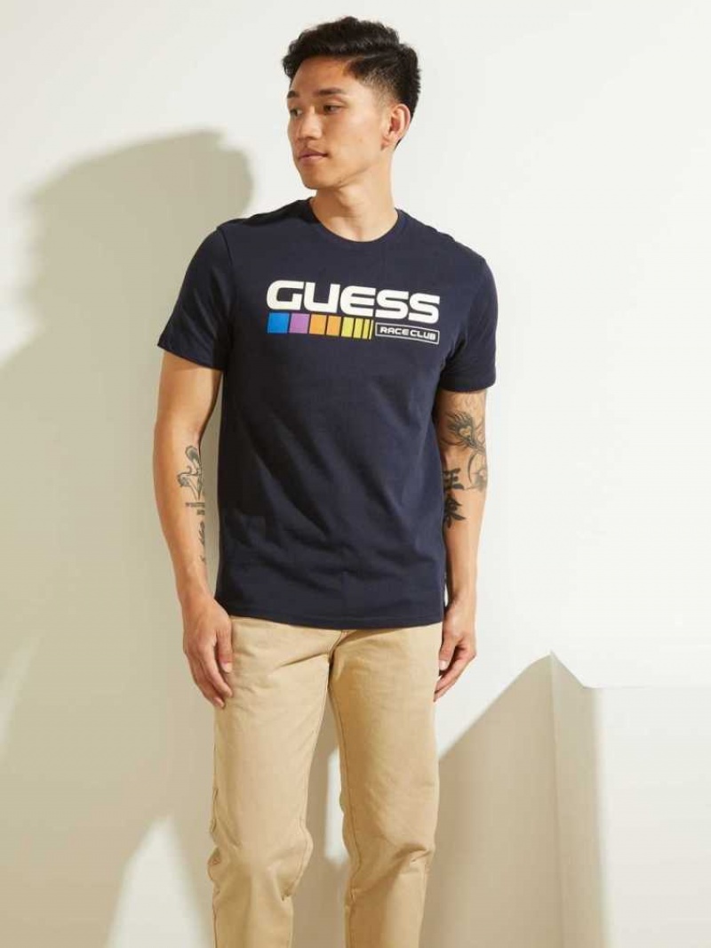 Men\'s Guess Eco Race Club T-Shirts Dark Blue | 8514-YSBXO