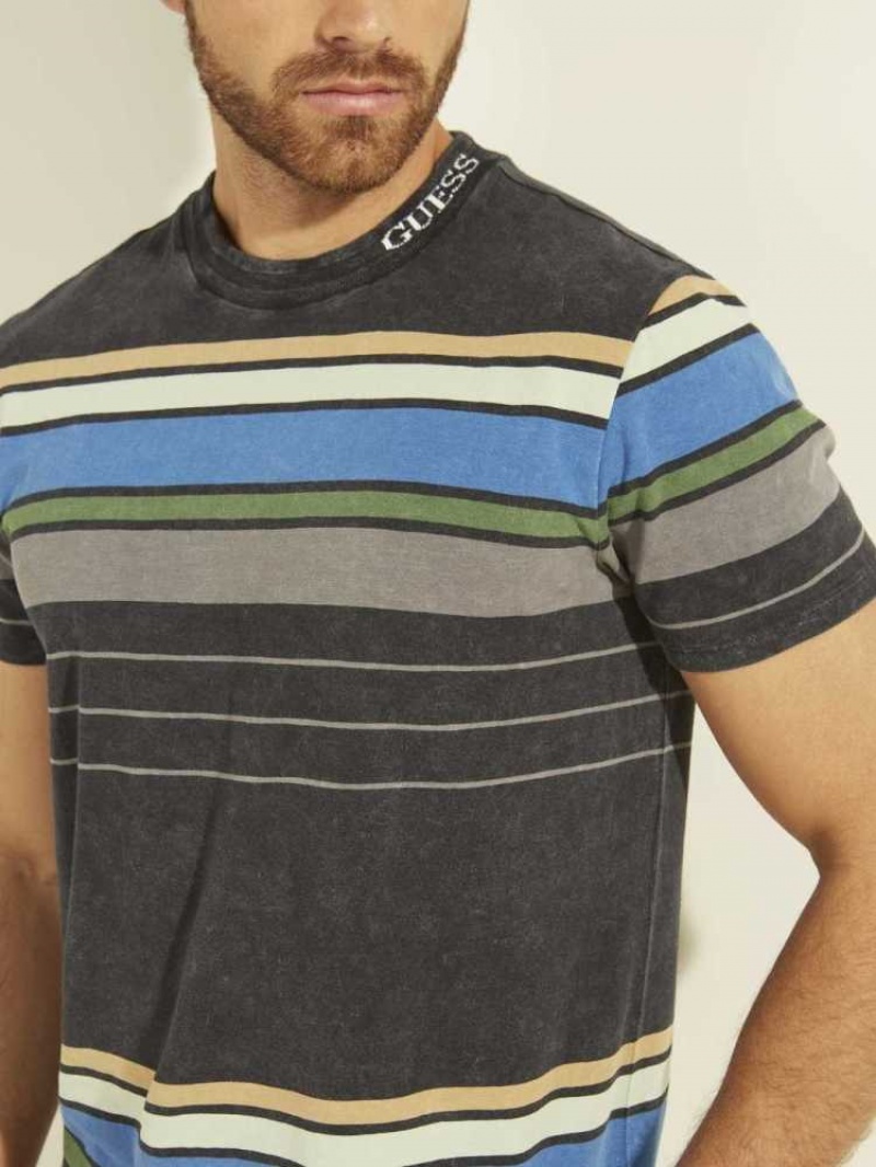 Men's Guess Eli Acid Wash Stripe T-Shirts Navy | 5894-BJMPX