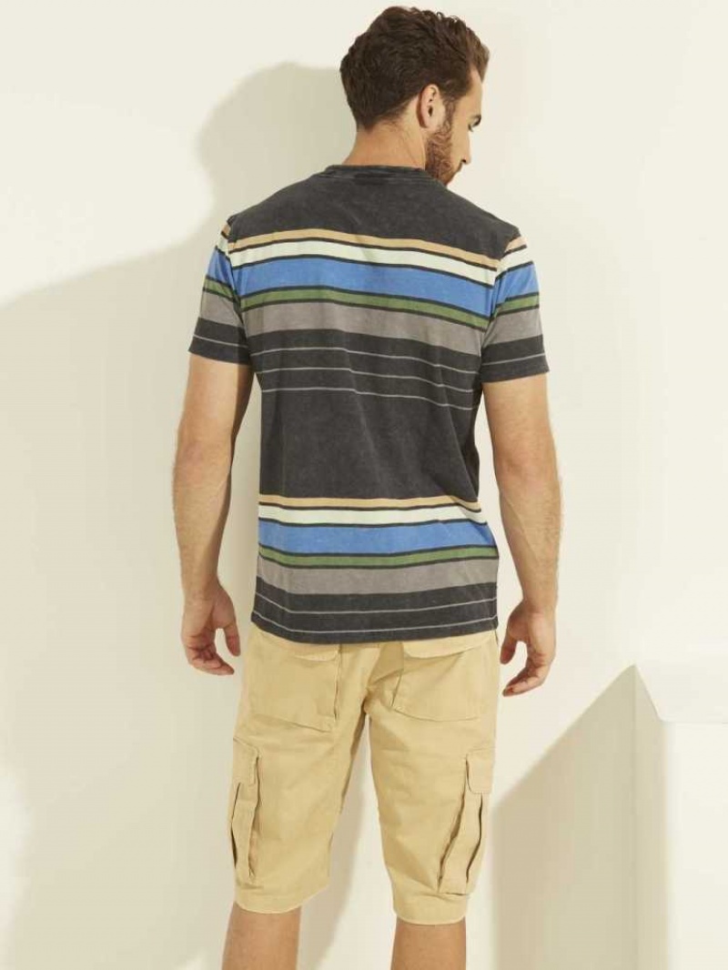 Men's Guess Eli Acid Wash Stripe T-Shirts Navy | 5894-BJMPX