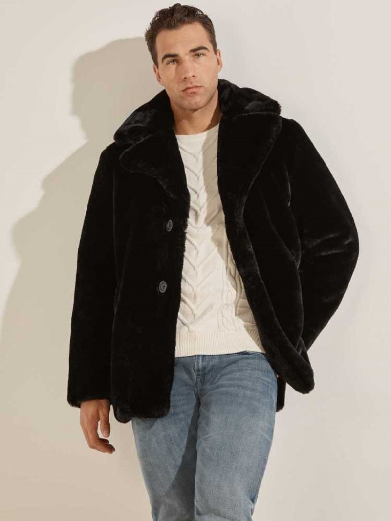 Men\'s Guess Faux-Fur Coats Black | 5430-RXKAT