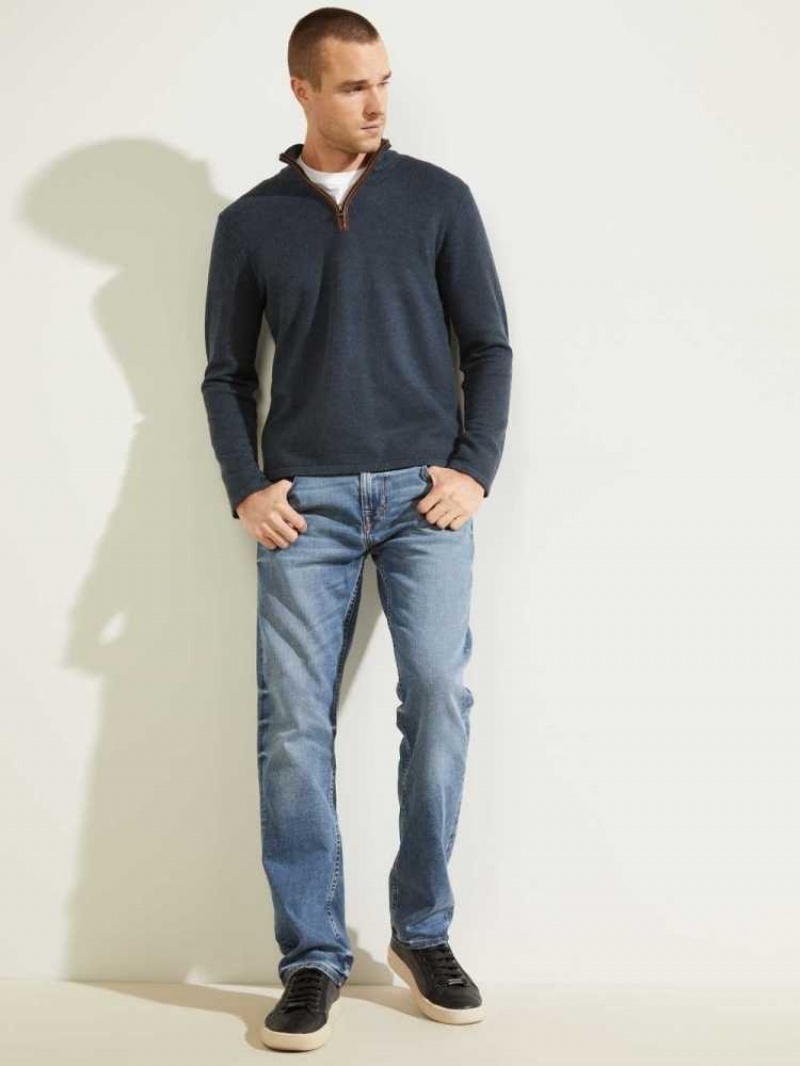 Men's Guess Faux-Leather Trim Zip Sweaters Deep Multicolor | 7014-RAKDE