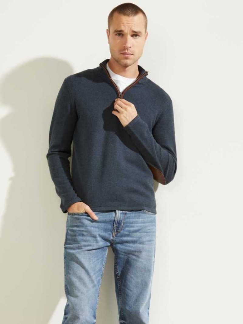 Men\'s Guess Faux-Leather Trim Zip Sweaters Deep Multicolor | 7014-RAKDE