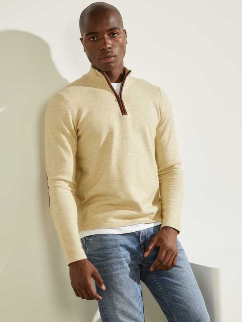 Men\'s Guess Faux-Leather Trim Zip Sweaters Blue Orange Multicolor | 9407-JQMLF