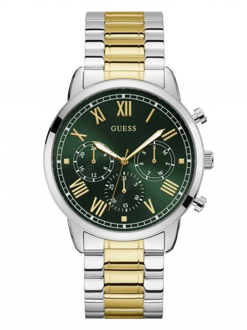 Men\'s Guess Green Two-Tone Multifunction Watches Silver | 5064-VZOLD