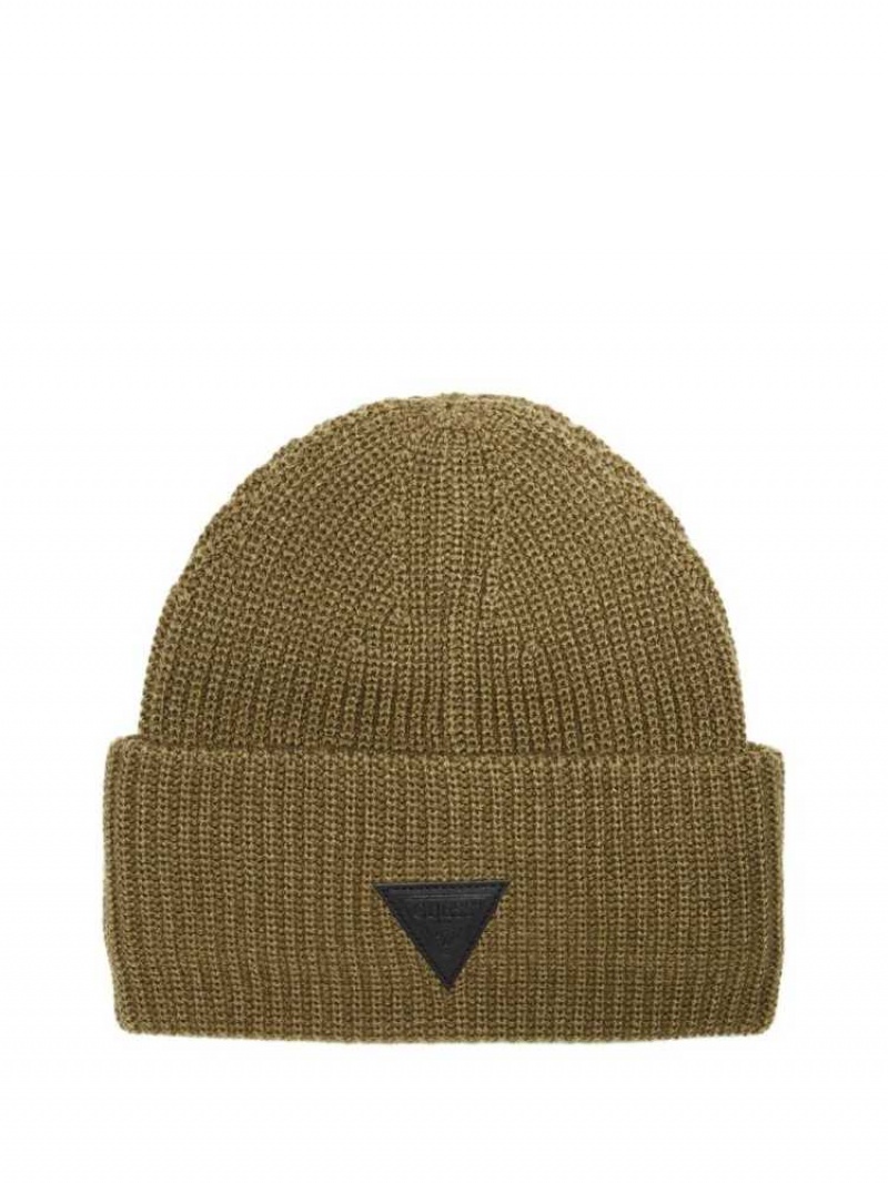 Men\'s Guess Justyn Triangle Logo Beanie Olive | 2758-YZROG