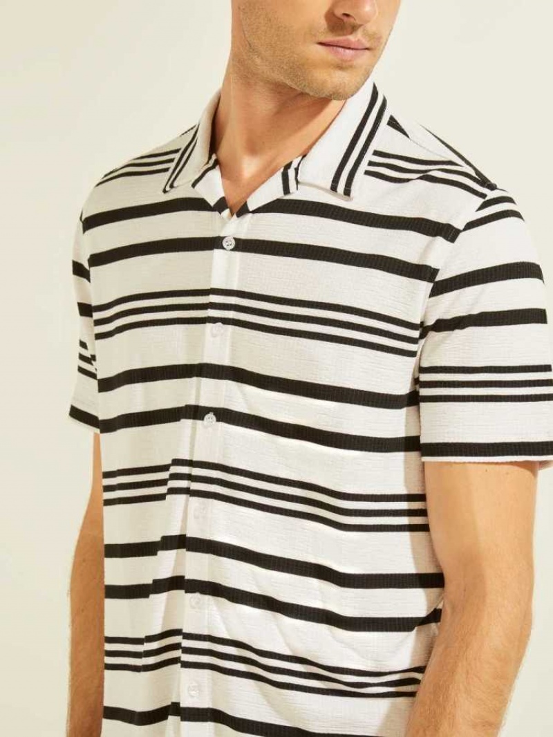 Men's Guess Leo Striped Shirts White Black | 2604-TQKHS