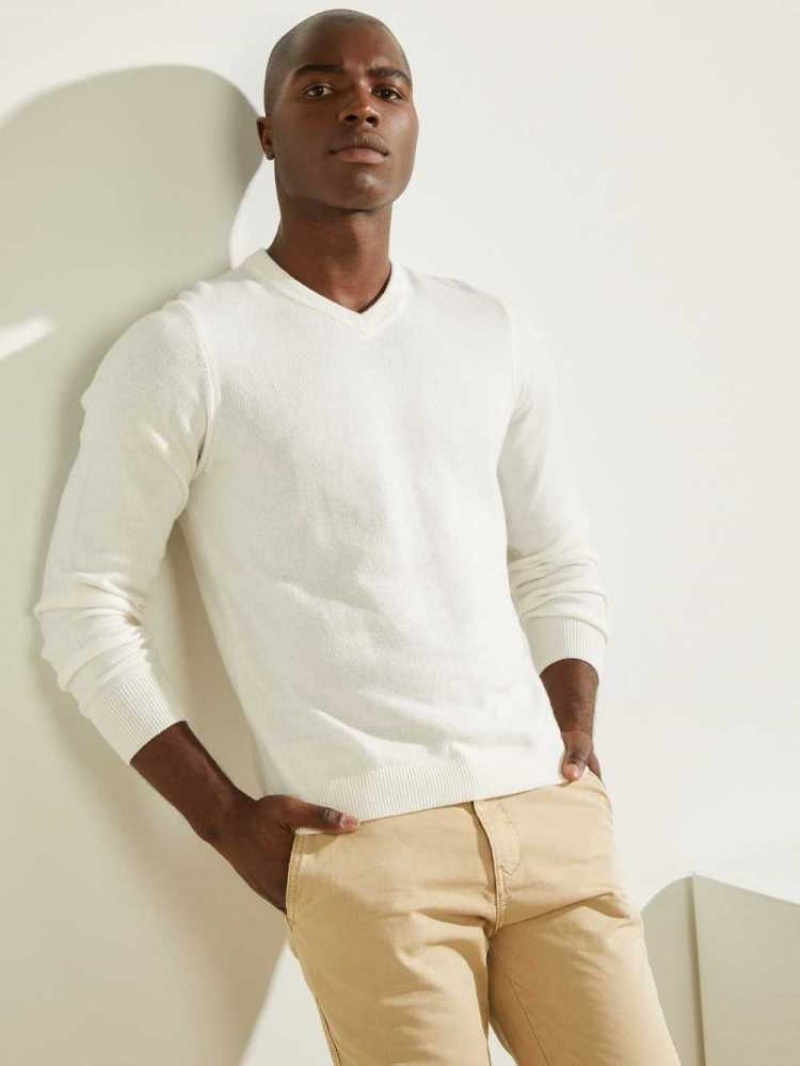 Men's Guess Owen V-Neck Sweaters White | 7205-ECPBD