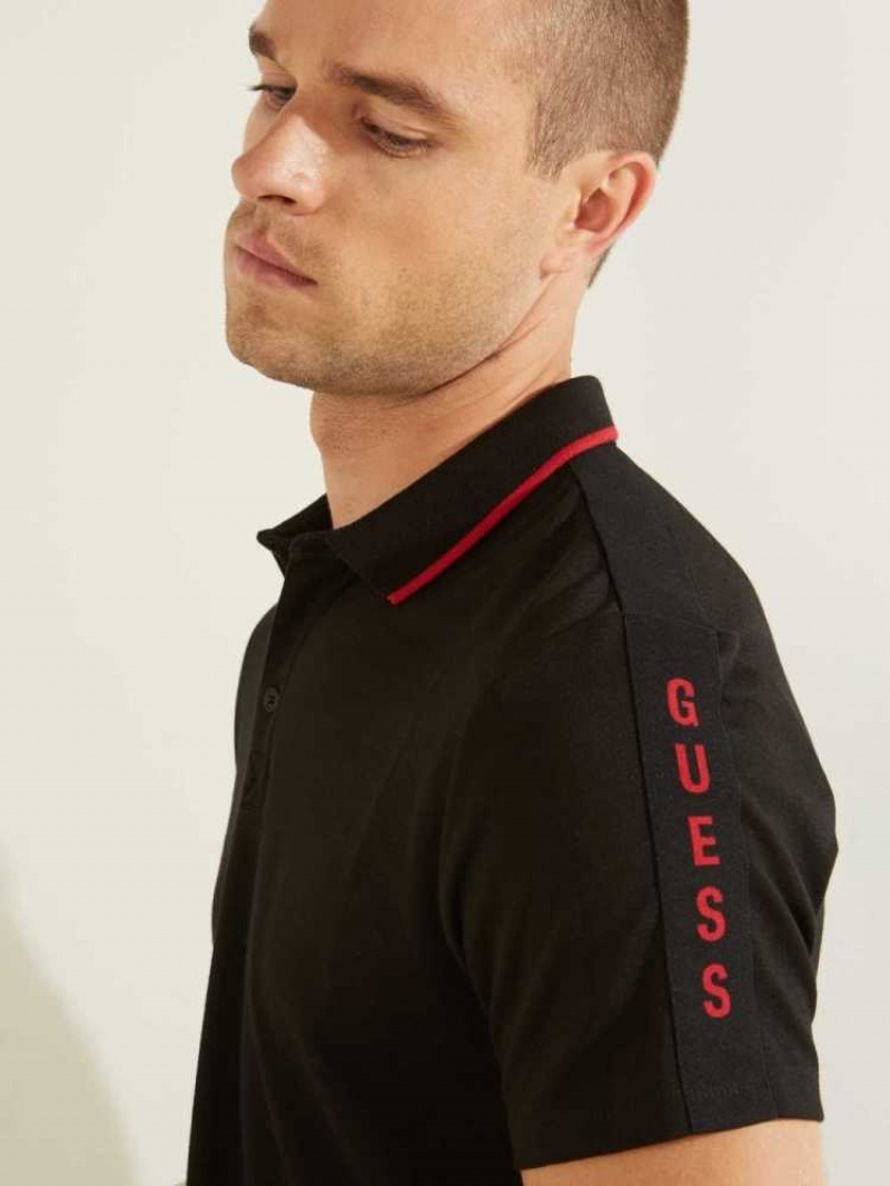 Men's Guess Pique Logo-Taping Polo Shirts Black | 4176-GKPHA