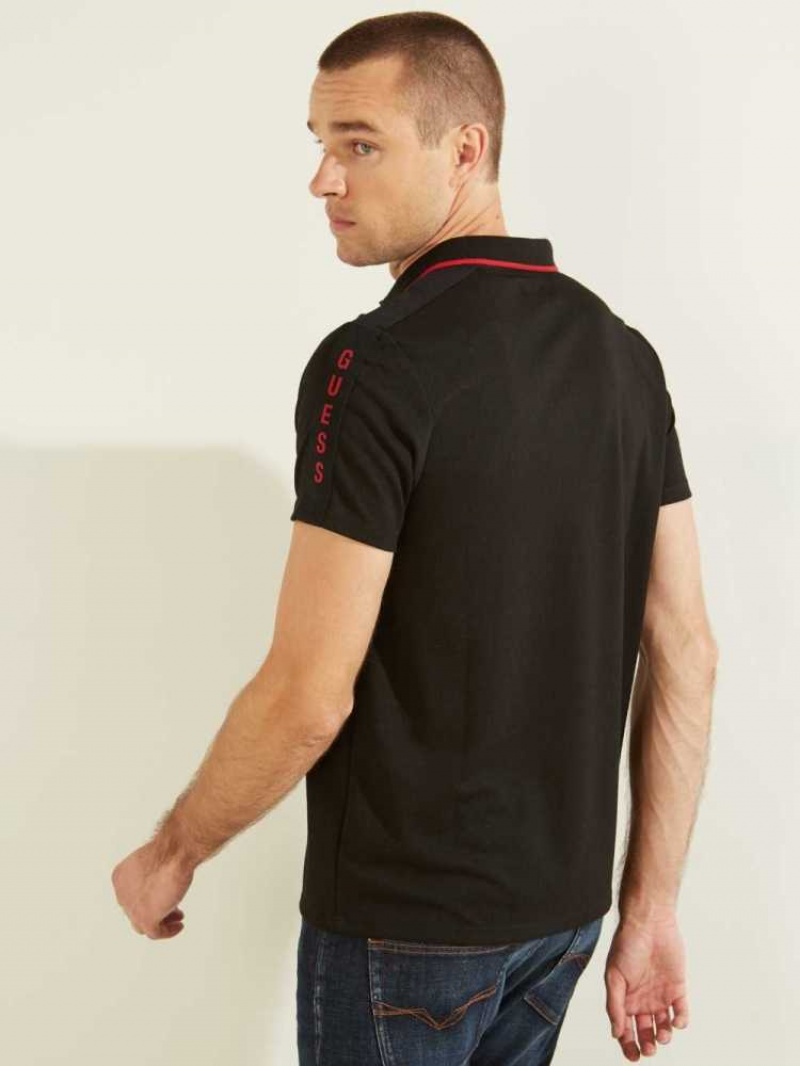 Men's Guess Pique Logo-Taping Polo Shirts Black | 4176-GKPHA